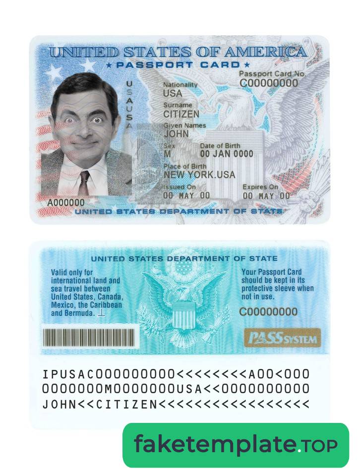 Feature of fake USA passport ID card example card